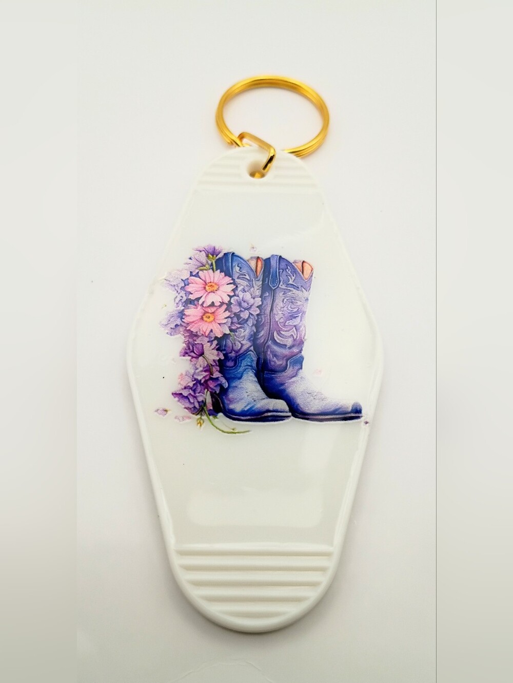 White Keychain with Blue Cowboy Boots and Floral Print